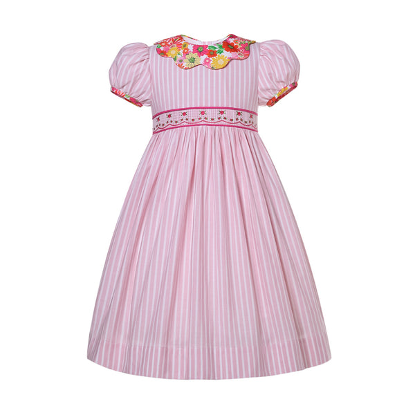 Pink Striped Smocked Dress with scalloped collar - Penelope