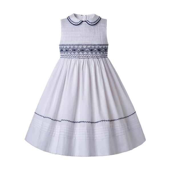 White and Navy Smocked Dress with embellished collar - Madeleine