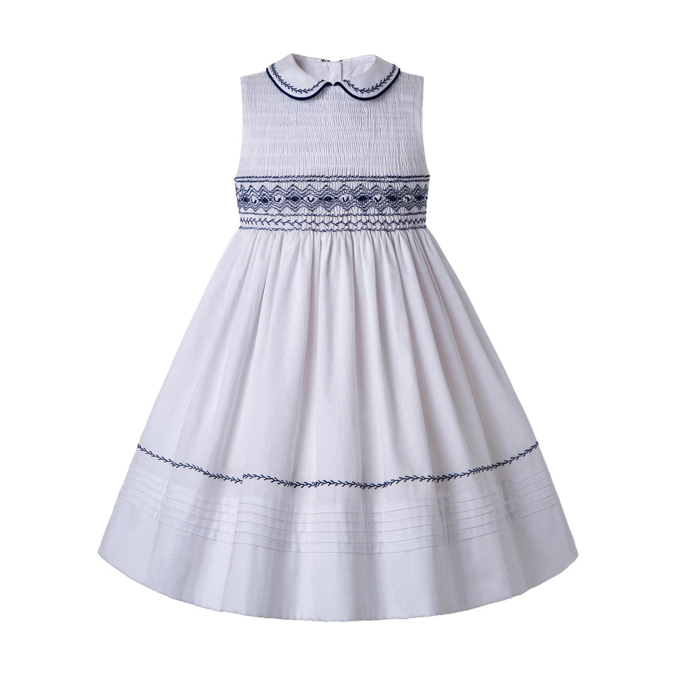 White and Navy Smocked Dress with embellished collar - Madeleine