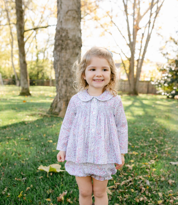 Long Sleeve Top And Bloomer Set - Chickering Floral Plus Bloomer Blue Smocking