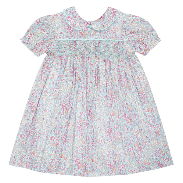 Smocked Day Dress - Chickering Floral With Blue Piping And Smocking