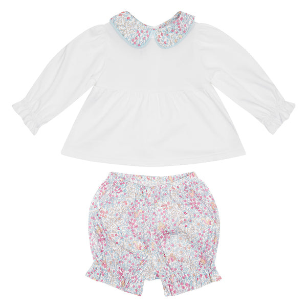 Allie Bloomer Set - White Pima Top With Chickering Floral Peter Pan Coller And Bloomer