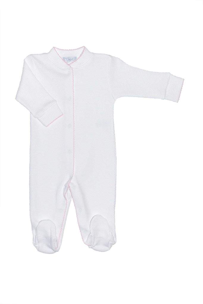 White Bubble Baby Footie - Pink Trim