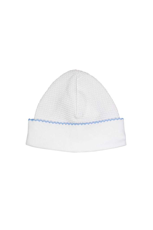 White Bubble Hat Blue Trim